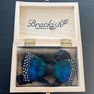Brackish Peacock and Guinea Feather Custom Blue Bow Tie
